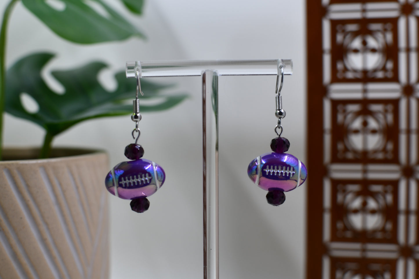 Purple Iridescent Acrylic Football Dangle Earrings