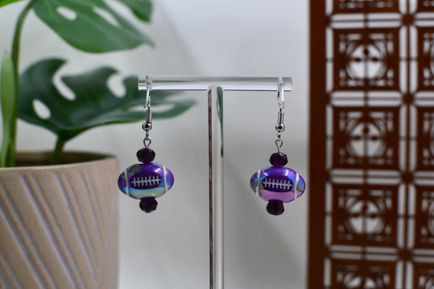 Purple Iridescent Acrylic Football Dangle Earrings