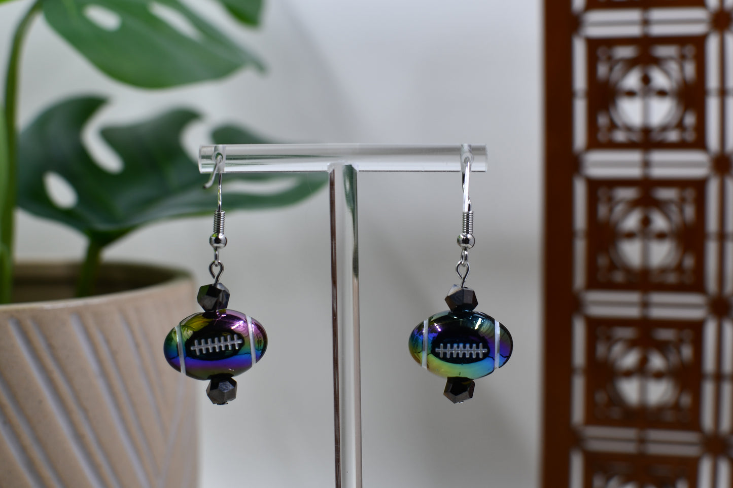 Black Iridescent Acrylic Football Dangle Earrings
