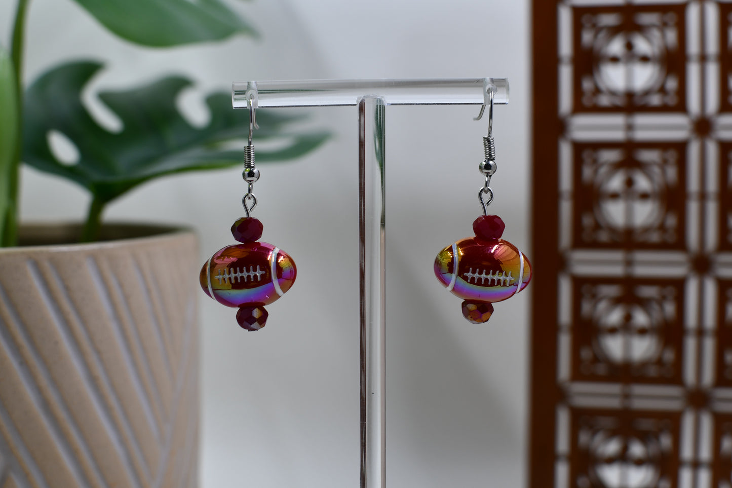 Red Iridescent Acrylic Football Dangle Earrings