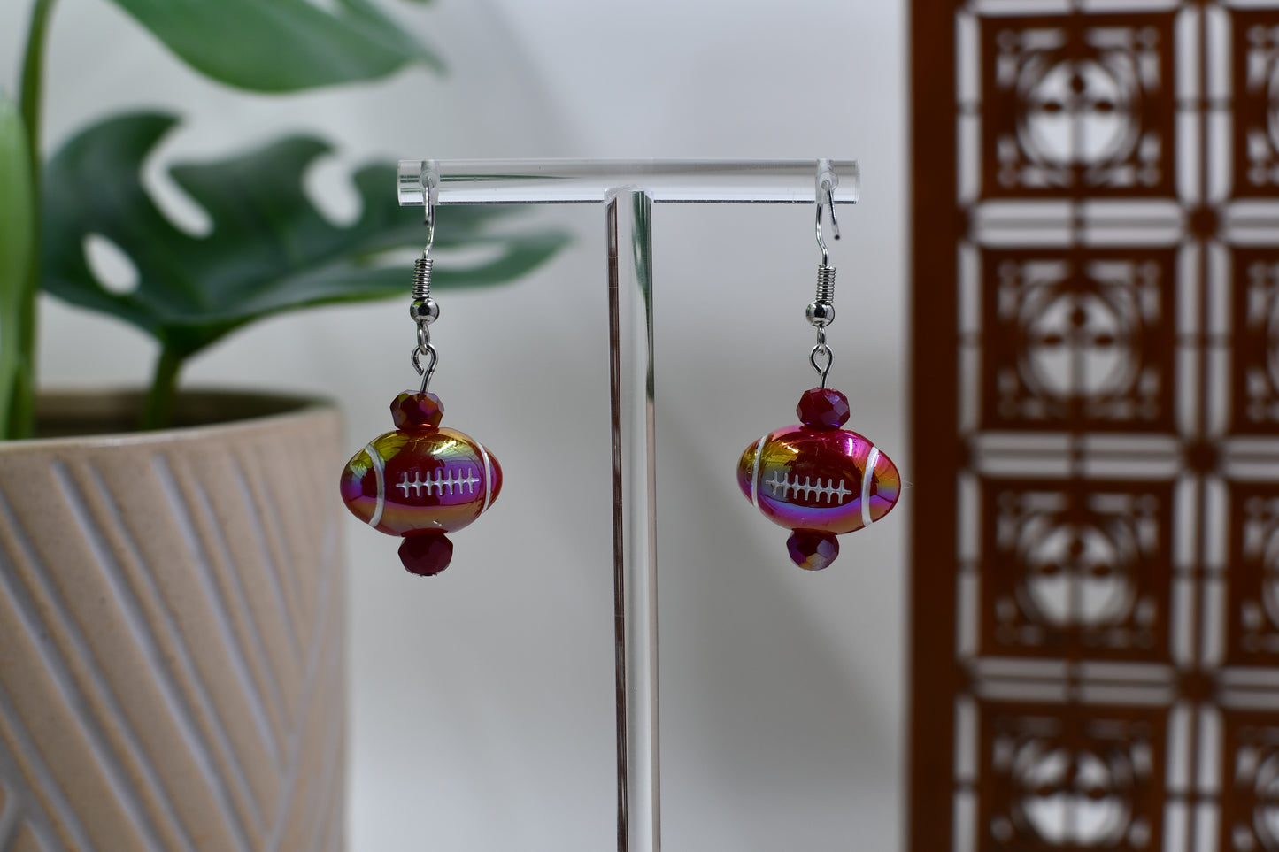 Red Iridescent Acrylic Football Dangle Earrings