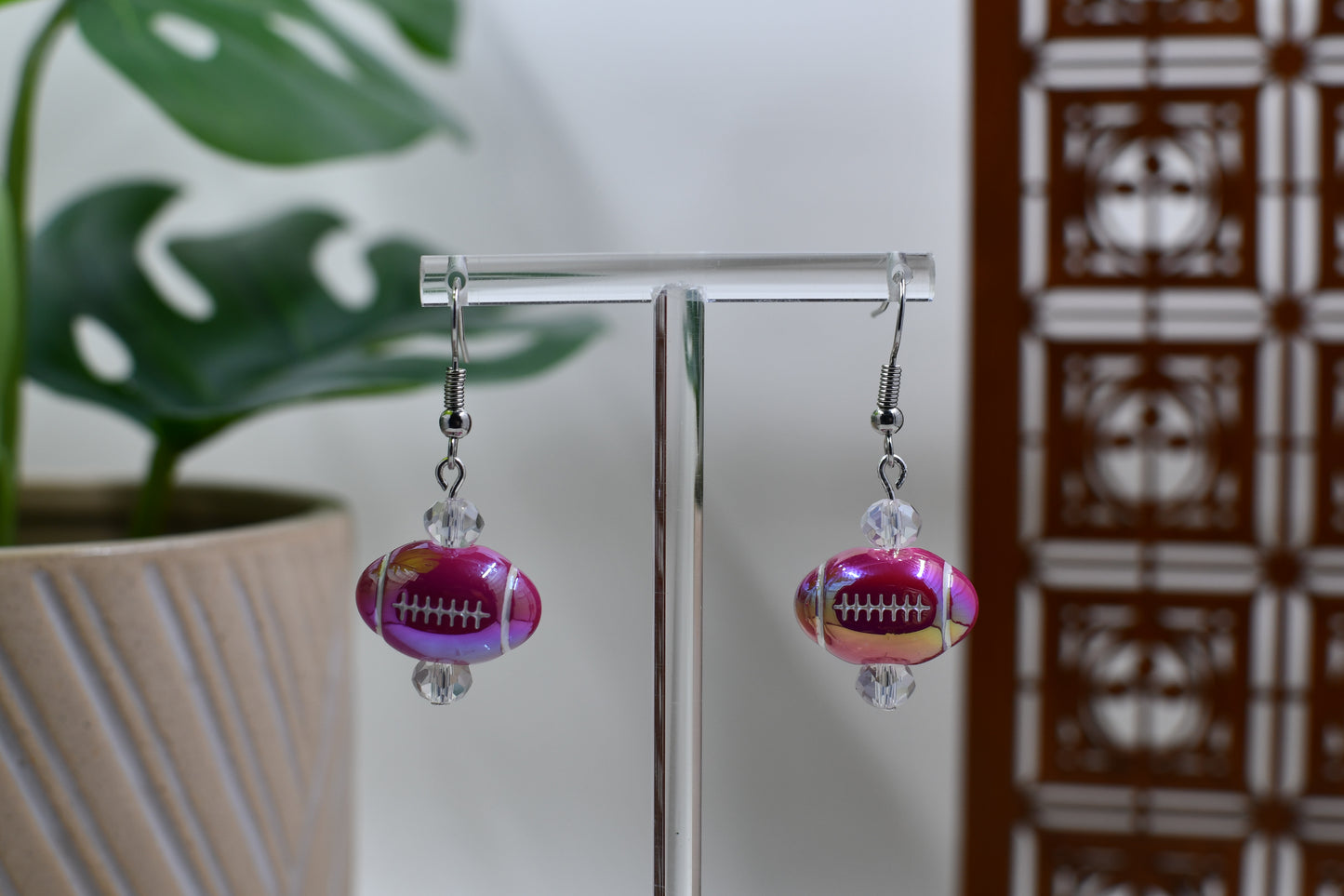 Dark Pink Acrylic Iridescent Football Dangle Earrings
