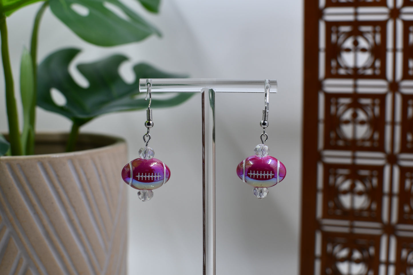 Dark Pink Acrylic Iridescent Football Dangle Earrings