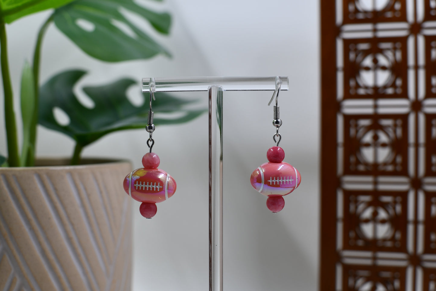 Medium Pink Iridescent Acrylic Football Dangle Earrings