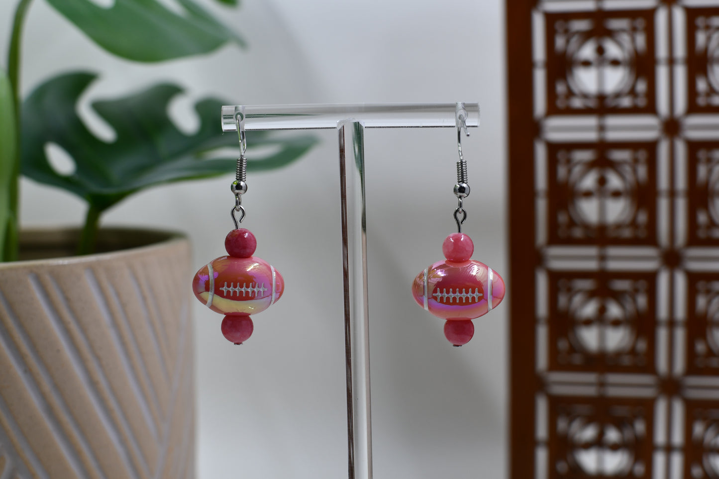 Medium Pink Iridescent Acrylic Football Dangle Earrings