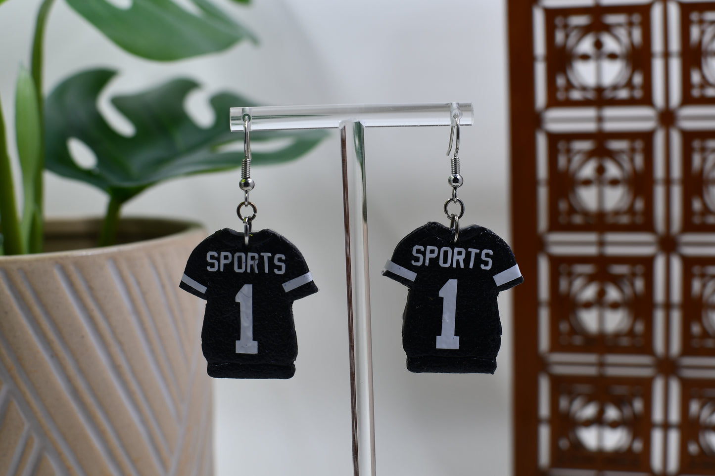 Black Sports Football Jersey Dangle Earrings