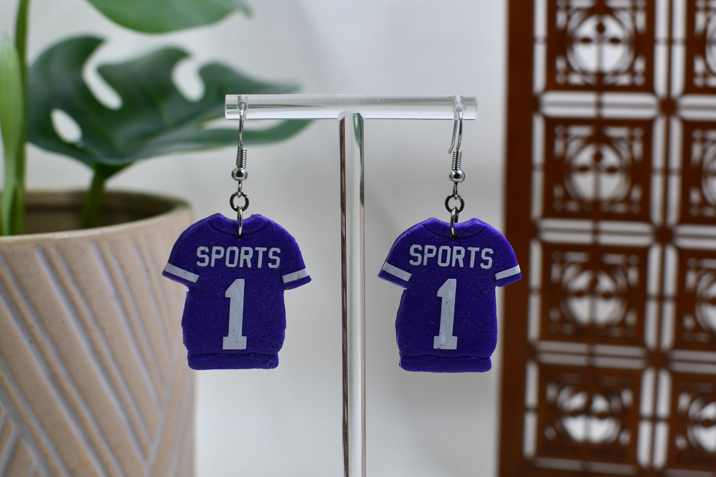 Purple Sports Football Jersey Dangle Earrings