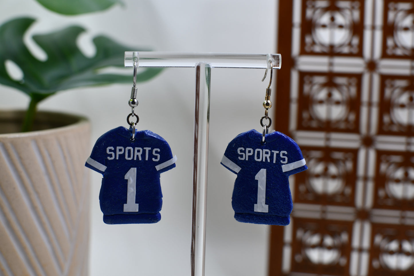 Blue Sports Football Jersey Dangle Earrings