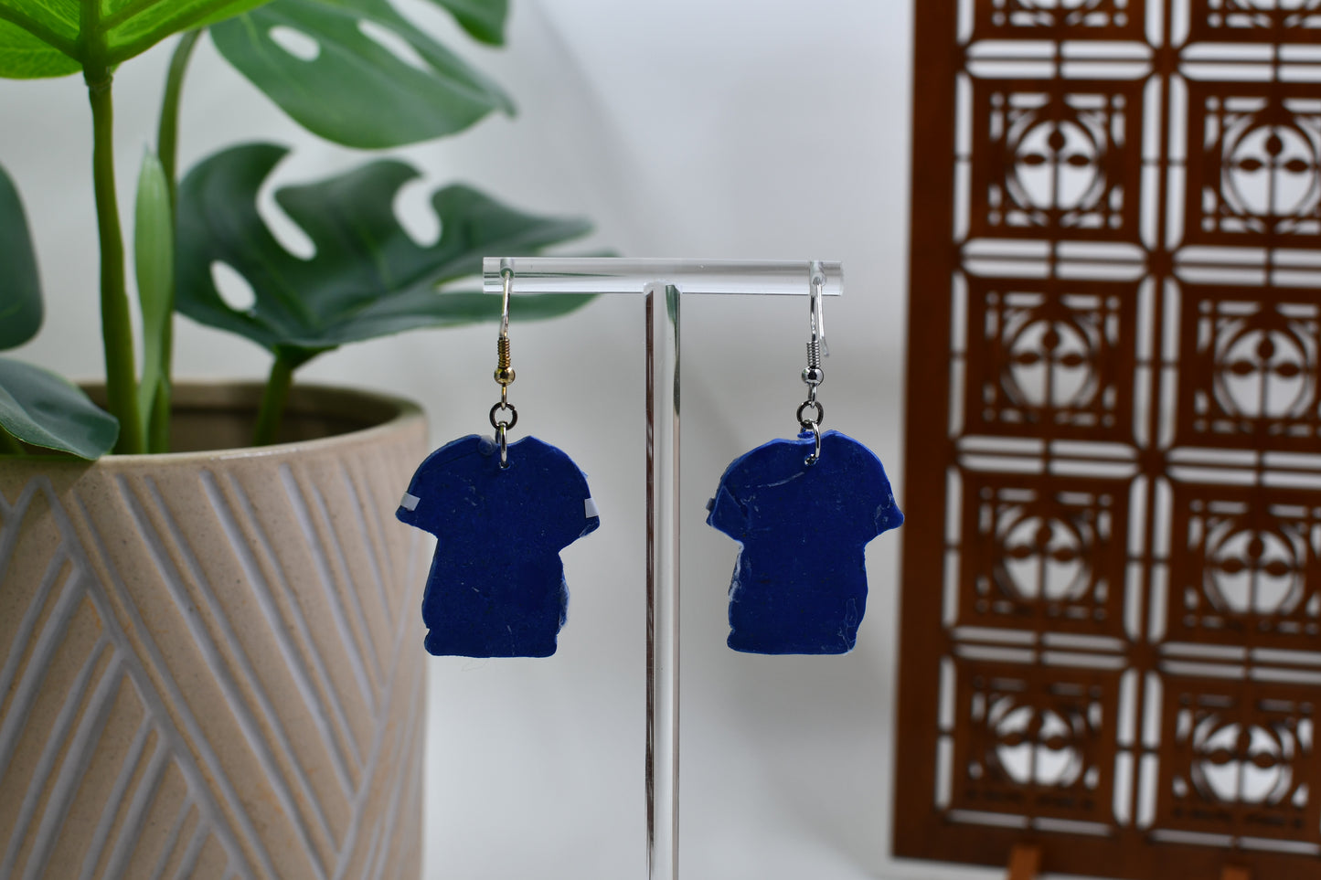 Blue Sports Football Jersey Dangle Earrings