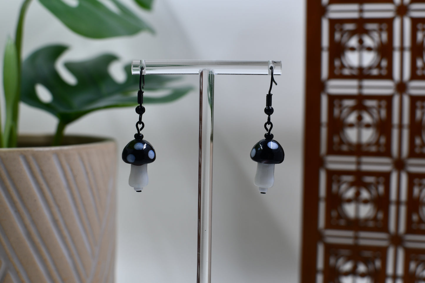 Black and White Glass Mushroom Dangle Earrings