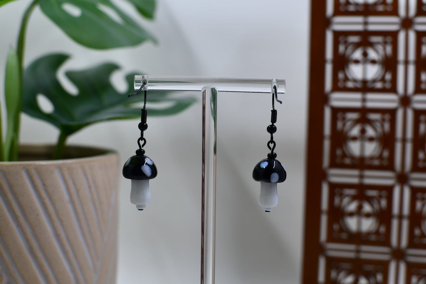 Black and White Glass Mushroom Dangle Earrings