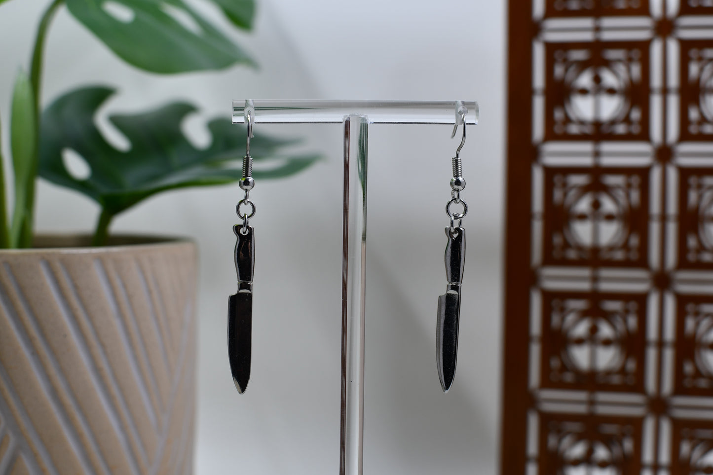 Spooky Silver Knife Dangle Earrings