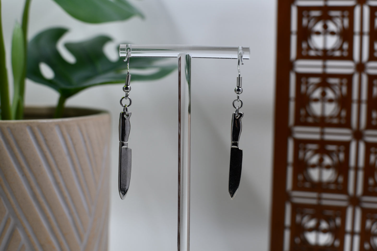 Spooky Silver Knife Dangle Earrings