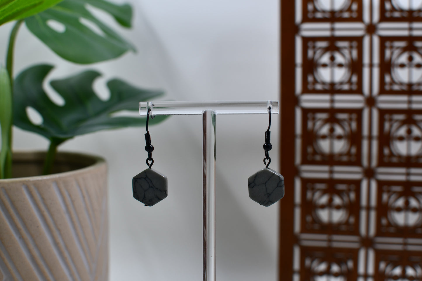 Gray and Black Marbled Hexagon Dangle Earrings