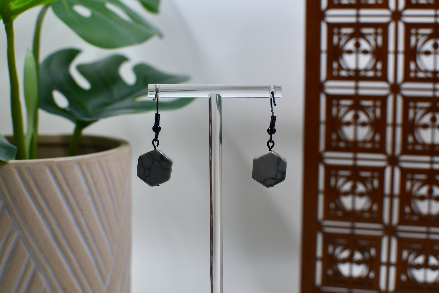 Gray and Black Marbled Hexagon Dangle Earrings