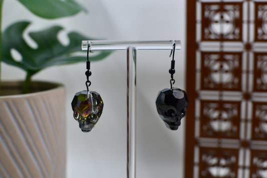 Black Glass Geometric Spooky Skull Dangle Earrings