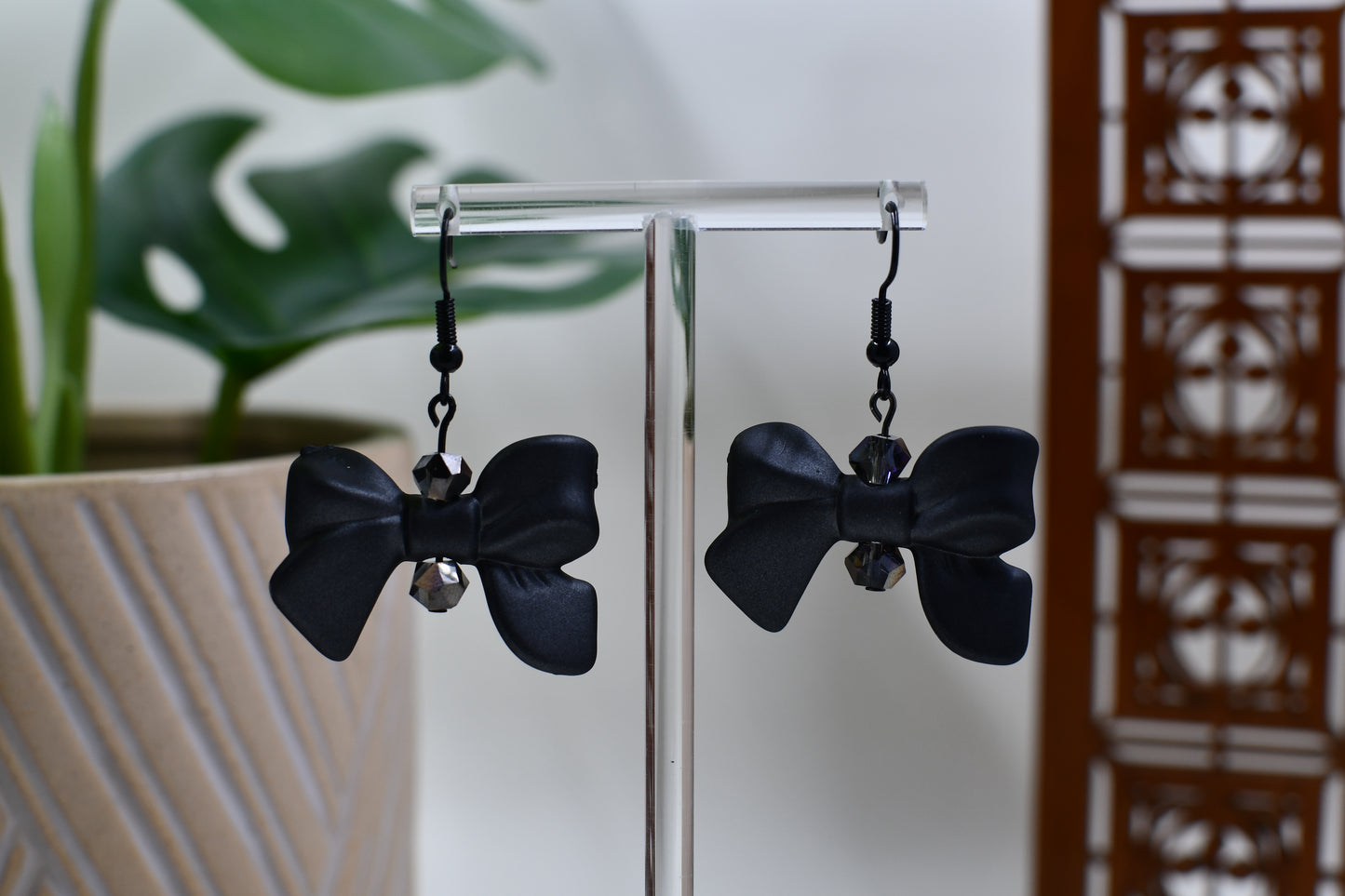 Spooky Black Matte Bow Dangle Earrings