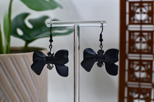 Spooky Black Matte Bow Dangle Earrings