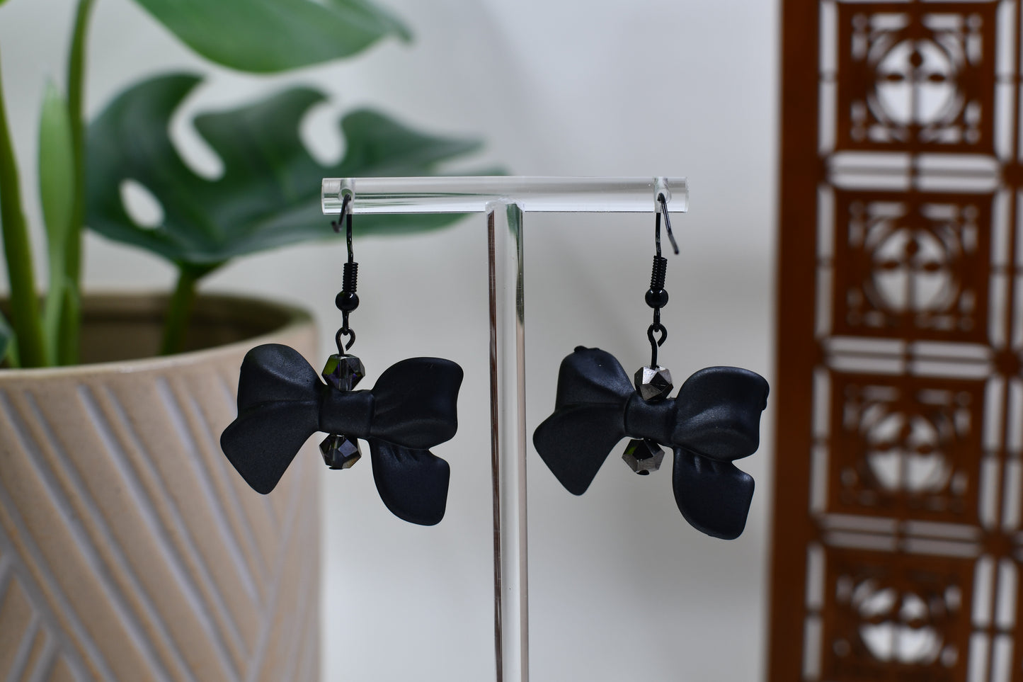 Spooky Black Matte Bow Dangle Earrings