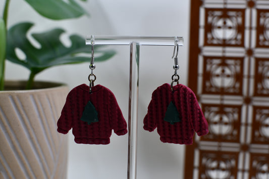 Red Knit Christmas Pine Tree Sweater Dangle Earrings