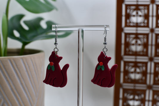 Red Christmas Cat Dangle Earrings with Holly Berry Collar