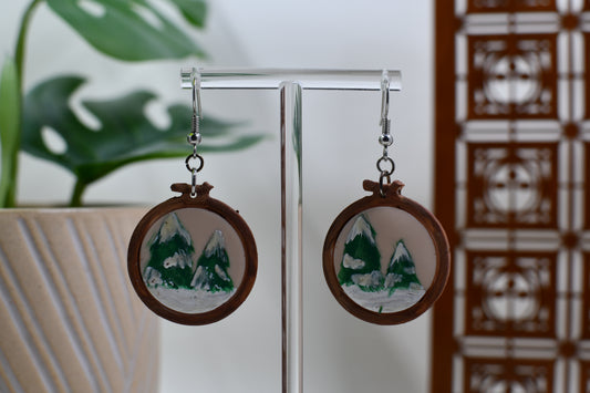 Snowy Pine Forest Scene Dangle Earrings