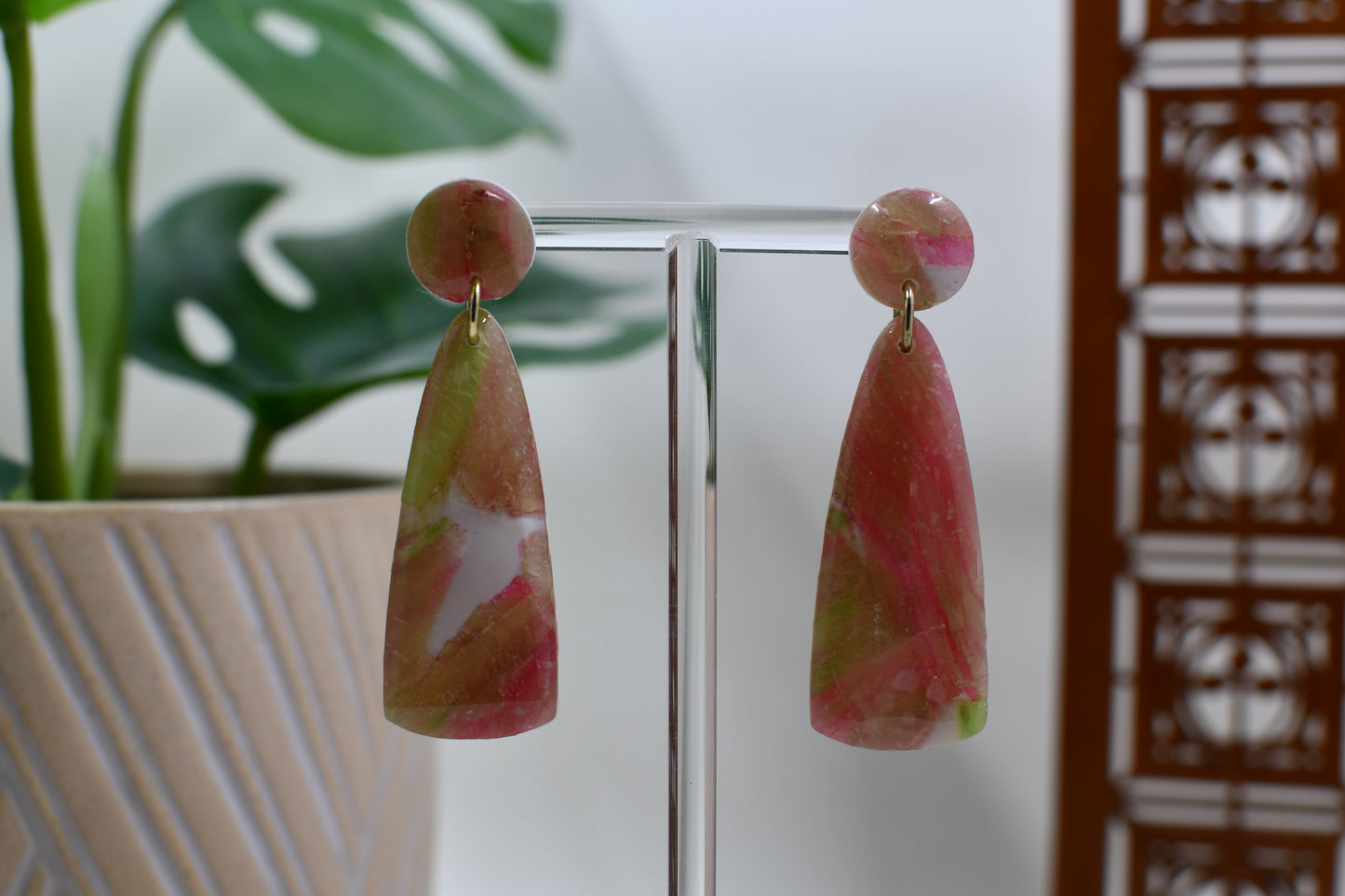 Green & Red Watercolor Tear Drop Stud Earrings