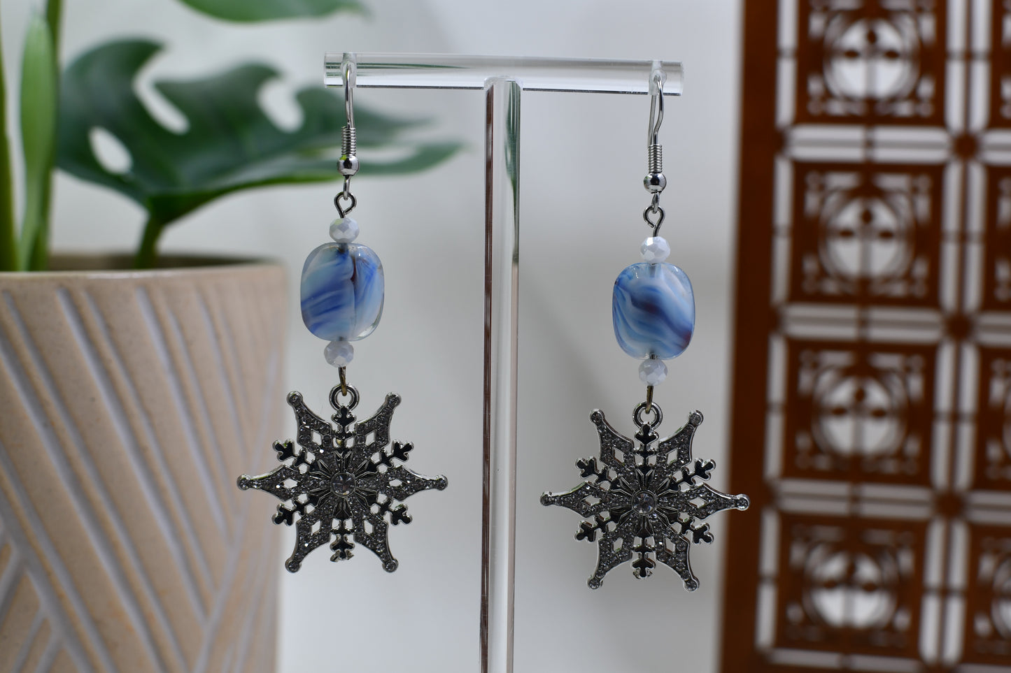 Silver Rhinestone Snowflake with Blue Glass Bead Dangle Earrings