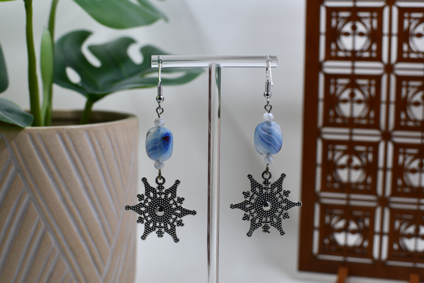Silver Rhinestone Snowflake with Blue Glass Bead Dangle Earrings
