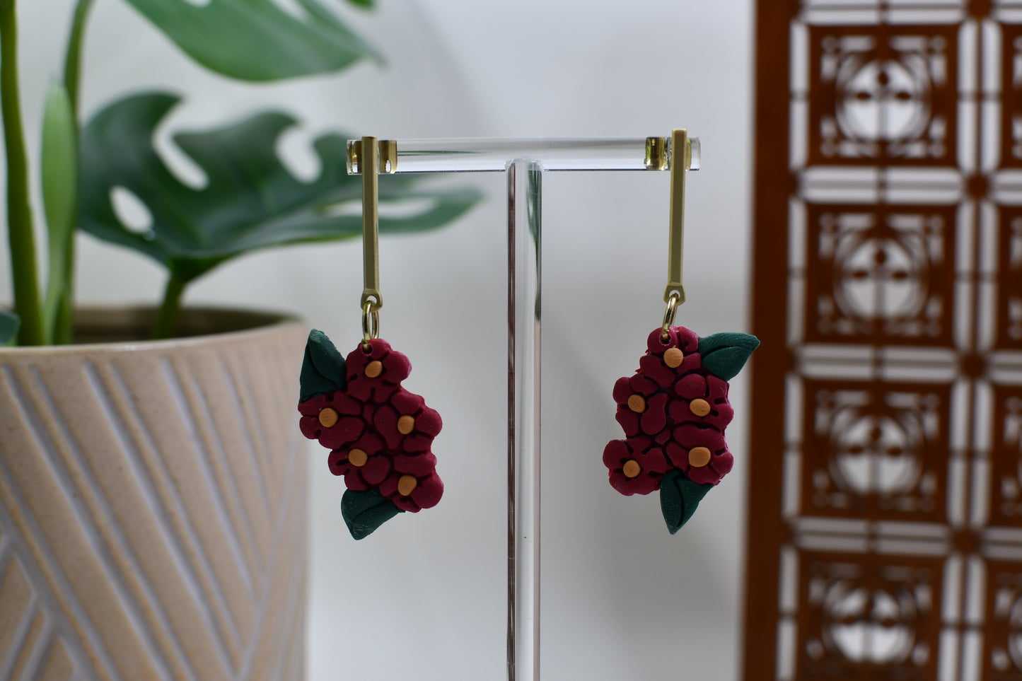 Poinsettia Bunch Gold Bar Drop Stud Earrings