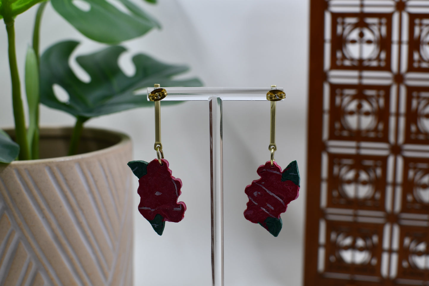 Poinsettia Bunch Gold Bar Drop Stud Earrings