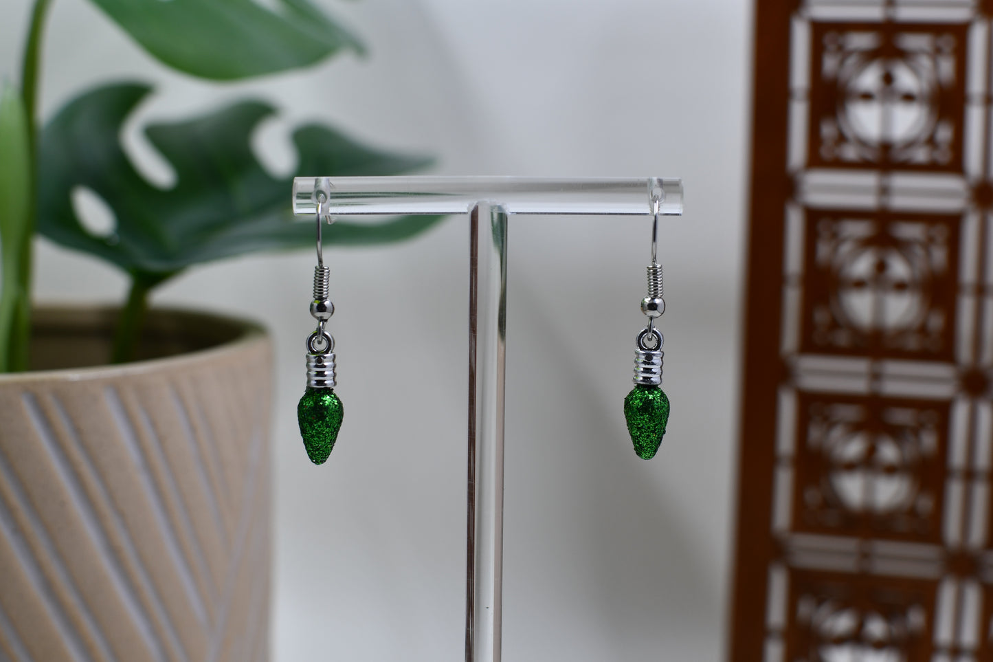 Green Glitter Christmas Light Bulb Dangle Earrings