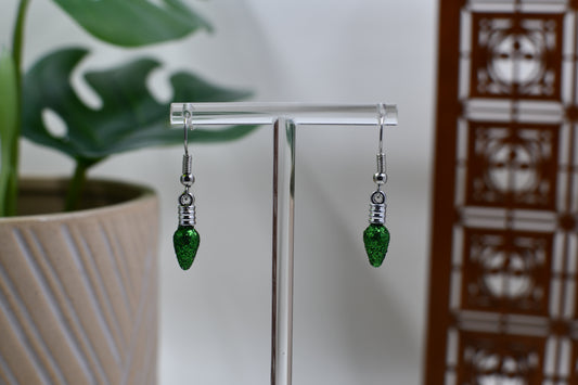 Green Glitter Christmas Light Bulb Dangle Earrings