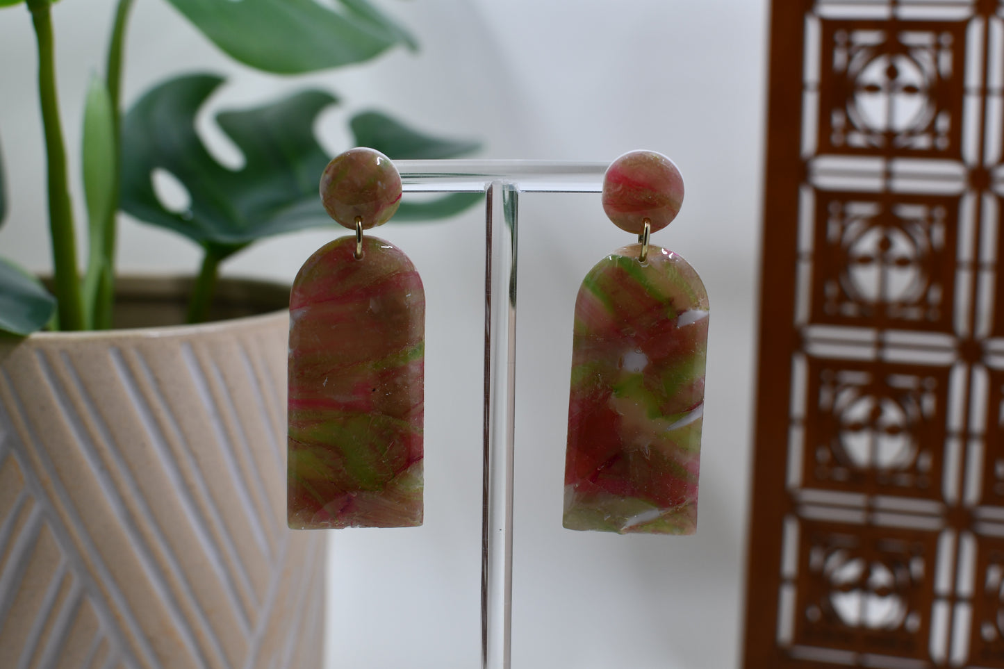 Green and Red Christmas Watercolor Arch Drop Stud Earrings
