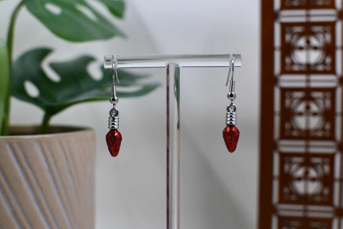 Red Glitter Christmas Light Bulb Dangle Earrings