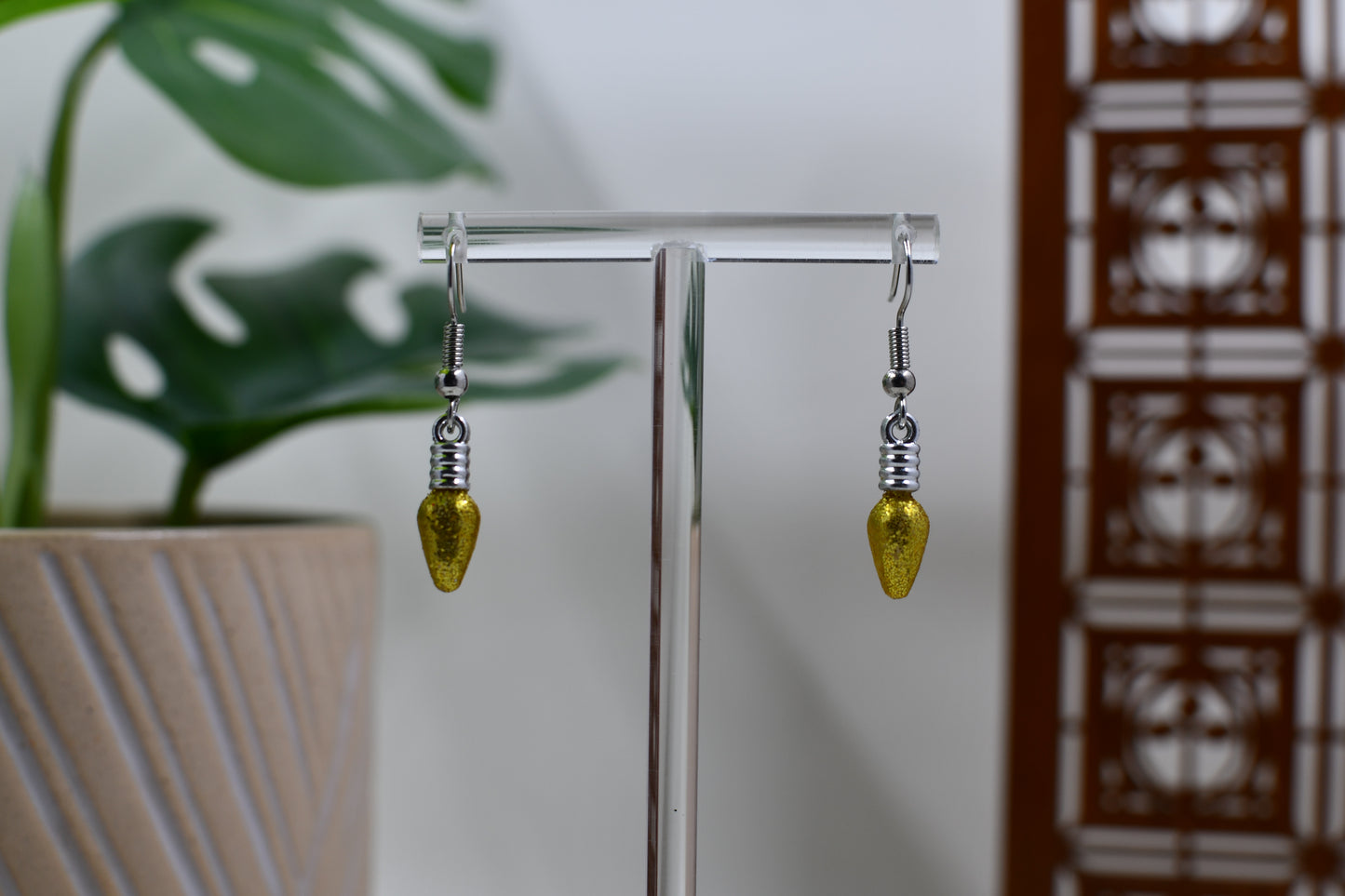 Yellow Glitter Christmas Light Bulb Dangle Earrings