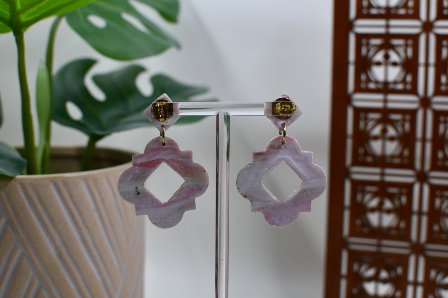 Red/White/Gold Soft Marbled Art Deco Drop Stud Earrings