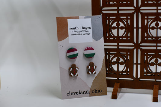 Christmas Striped and Gingerbread Man Two Pack Stud Earrings